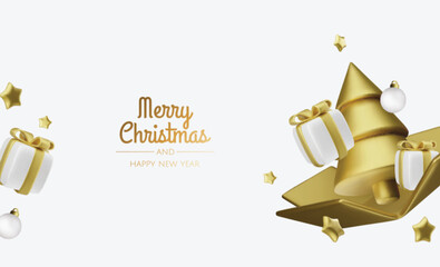 Wall Mural - Happy New Year and Merry Christmas. Christmas holiday background with realistic 3d objects,gold and red bauble balls, conical metal stars. Levitation falling design composition.