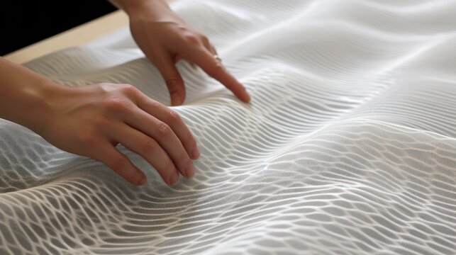  a close up of a person's hand on a bed with a white sheet and a black wall in the background.