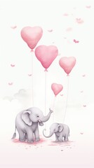 Canvas Print -  a couple of elephants standing next to each other with heart shaped balloons attached to the back of the elephants'heads.