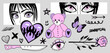 Set of y2k pink girly clipart. anime girls, ram head, heart manga retro Y2K kawaii style. Vector.