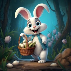 Canvas Print -  a cartoon bunny holding a basket of eggs in a forest with tulips and a blue sky in the background.