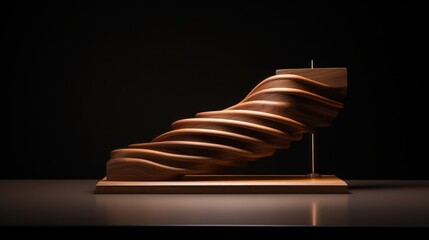 Poster -  a wooden sculpture sitting on top of a table next to a black wall with a wooden stick sticking out of it.