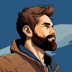 Sticker -  a close up of a person with a beard wearing a jacket and looking off into the distance with a blue sky in the background.