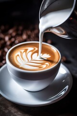 Sticker -  a cappuccino being poured into a cup of coffee on a saucer with coffee beans in the background.