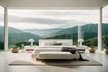 Poster - A beautiful large white bedroom with a bed, indoor plants, large windows and a beautiful view of the mountains, nature with clouds. Modern interior design, resort hotel, private house concept.