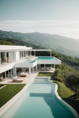 Poster - A resort area in beautiful nature with mountains and forests. A swimming pool, a house in white flowers with sun loungers and umbrellas in the summer at the hotel. Travel, Modern interior design.