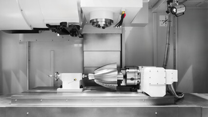Poster - Metal machine tools industry. CNC turning machine high-speed cutting is operation.