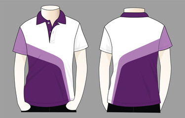 Wall Mural - Short sleeve polo shirt with white-purple design on gray background. Front and back view, vector file