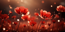Red Flower Background. Floral Wallpaper. Close Up Of Spring Flower Meadow Or Garden With Sunlight Bokeh.