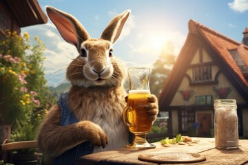 Rabbit enjoying a sunny afternoon on a terrace, drinking beer