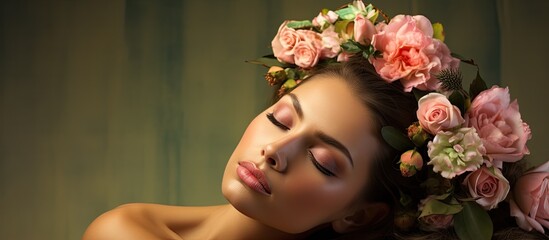 Studio with flowers, crown, and woman promoting skincare and beauty with a relaxed and natural aesthetic. Jungle serves as a backdrop for cosmetics, emphasizing relaxation and a zen atmosphere