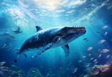A Whale Swim In The Sea And Are Surrounded By Small Fish Soft Light Reflecting In The Seawater, Scenery Of The Underwater World