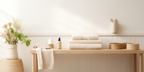 Poster - Beige spa bathroom with towels on white desk and accessories near white wall.