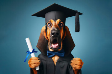 Wall Mural - Surprised Bloodhound Dog wear graduation hat and hold diploma on a blue background. ai generative