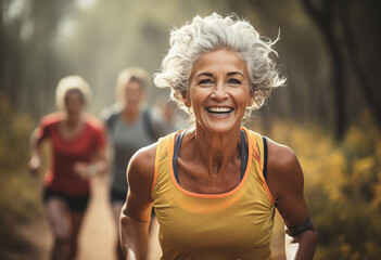 a latino senior woman exercise in woods with group of women, well body fitness training runner make 