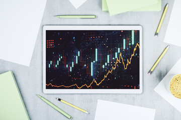 Aufkleber - Modern digital tablet monitor with abstract creative financial chart, research and strategy concept. Top view. 3D Rendering
