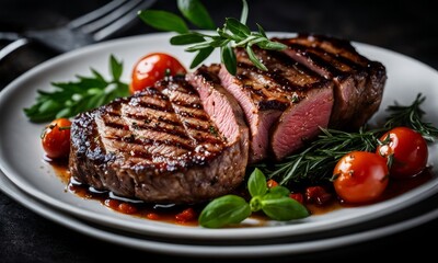 Canvas Print - Delicious Grilled Steak with Roasted Tomatoes and Herbs on a Background, Generative AI