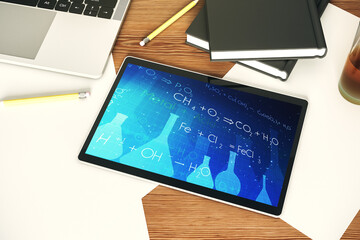 Poster - Creative chemistry illustration on modern digital tablet display, science and research concept. Top view. 3D Rendering