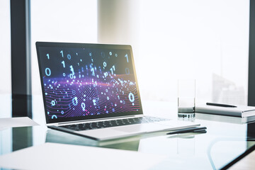 Poster - Creative concept of binary code illustration on modern laptop screen. Big data and coding concept. 3D Rendering