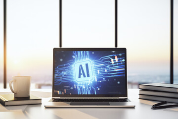 Poster - Modern computer monitor with creative artificial Intelligence icon. Neural networks and machine learning concept. 3D Rendering