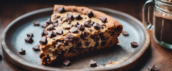 Wall Mural - The chocolate chip skillet cookie cake slice distinguishes itself with its warm, soft middle and crunchy edges, providing a singular and enjoyable sensation.