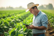 Young man Spain farmer standing using tablet in the tobacco field