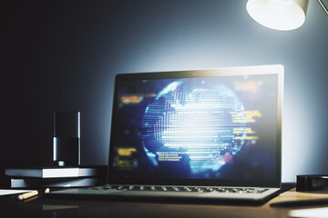 Aufkleber - Modern computer monitor with abstract programming language with world map, research and development concept. 3D Rendering