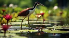 A Jacana Walking On Water Plants, Its Long Toes Spread Out.