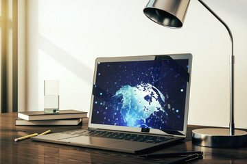 Aufkleber - Modern computer screen with abstract graphic coding sketch and world map, big data and networking concept. 3D Rendering