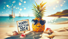 Tropical New Year Celebration, Pineapple With Sunglasses On The Beach.