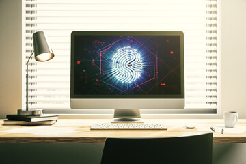 Aufkleber - Abstract creative fingerprint hologram on modern computer monitor, protection of personal information concept. 3D Rendering