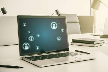 Aufkleber - Modern computer monitor with social network icons concept. Marketing and promotion concept. 3D Rendering