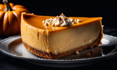 Wall Mural - Delicious Slice of Pumpkin Cheesecake Isolated on a Background, Generative AI