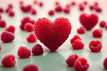 Red raspberry hearts. Beautiful hearts composition for Valentine's Day and more. Generative AI.