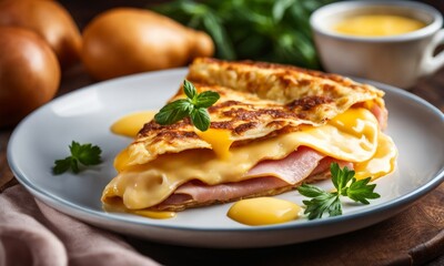 Wall Mural - Delicious Omelette with Ham and Cheese Isolated on a White Background, Generative AI