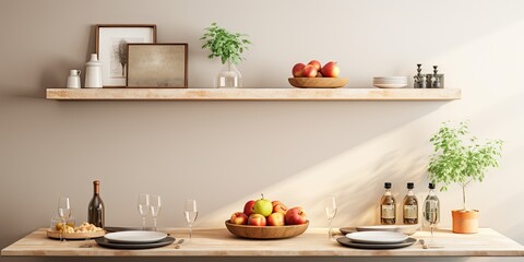 Scandinavian-style, minimalist kitchen with cozy interior. Table with vase of apples, wine bottle, two glasses. Furniture, utensils, shelves with potted plants. Light-colored wall.