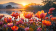 Blooming Tulips Flowers At Sunset near The Lake
