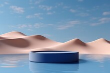 3D Display Podium Background. Nature Blue Sky Minimal Stand Pedestal. Wavy Water. Beauty, Cosmetic Product Presentation Scene. Summer Landscape Banner Template 3d Render. Generative Ai.