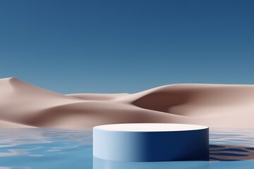 3D display podium background. Nature blue sky minimal stand pedestal. Wavy water. Beauty, cosmetic product presentation scene. Summer landscape banner template 3d render. generative ai.