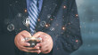 © PRIM - cybersecurity concept, user privacy security and encryption, secure internet access Future technology and cybernetics, internet security, screen with padlock, Businessman use mobile phones.