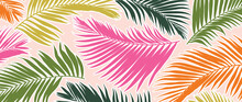 Tropical Leaves Background Vector. Botanical Foliage Banner Design Hand Drawn Colorful Palm Leaves, Coconut Leaf Line Art. Design For Wallpaper, Cover, Cards, Packaging, Flyer, Fabric.