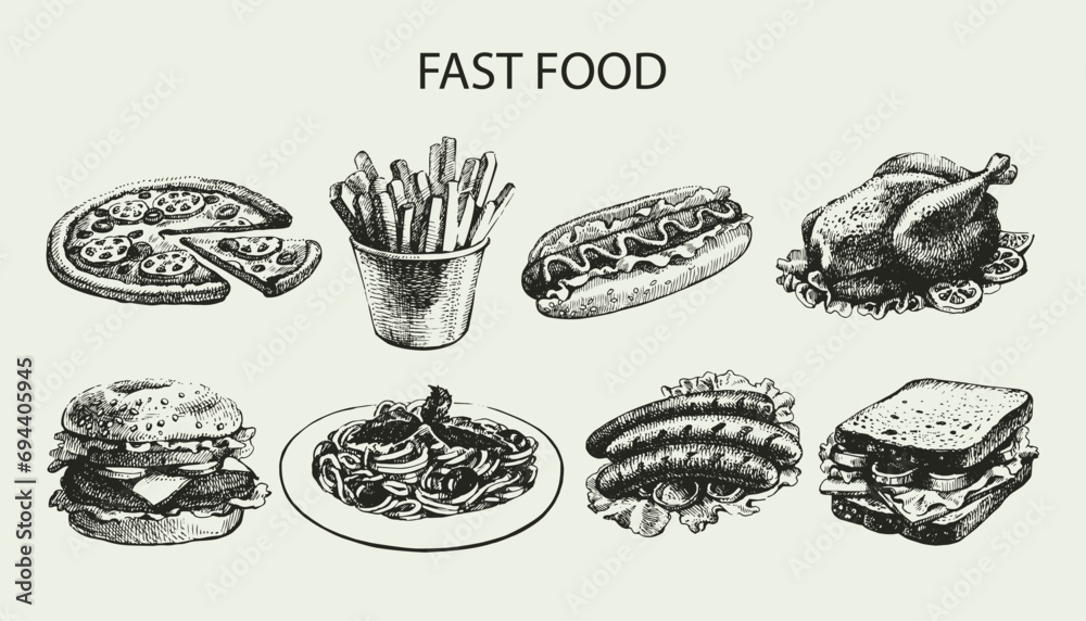 Fast food set. Hand drawn illustrations Stock Vector | Adobe Stock