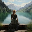 Eine Frau sitzt an einem See