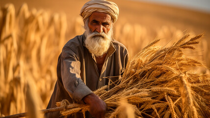 Wall Mural - indian farmer in a wheat field at the pushkar pushpushpushkar