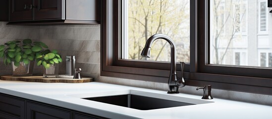 Poster - Dark wooden cabinets, black faucet, white marble countertop, backsplash in front of window, kitchen sink detail shot.