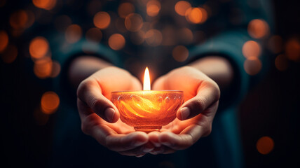 Wall Mural - woman holding burning candle in dark night