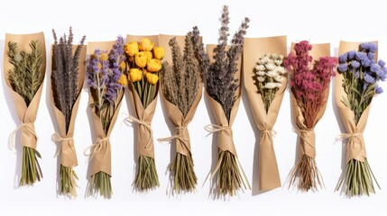 Wall Mural - Flowers in bunches, herbs, dried flowers in kraft packaging on white background, top view, space for text. High quality isolated on white background,. Created using Generative AI Technology