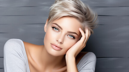 Wall Mural - Portrait of a beautiful smiling blonde girl with a short haircut. Gray background.