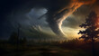 tornado picture with lightning and dramatic lighting, bad weather, natural catastrophy, rain, storm and hurricane, nature picture	