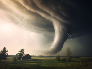 Wall Mural - tornado picture with lightning and dramatic lighting, bad weather, natural catastrophy, rain, storm 